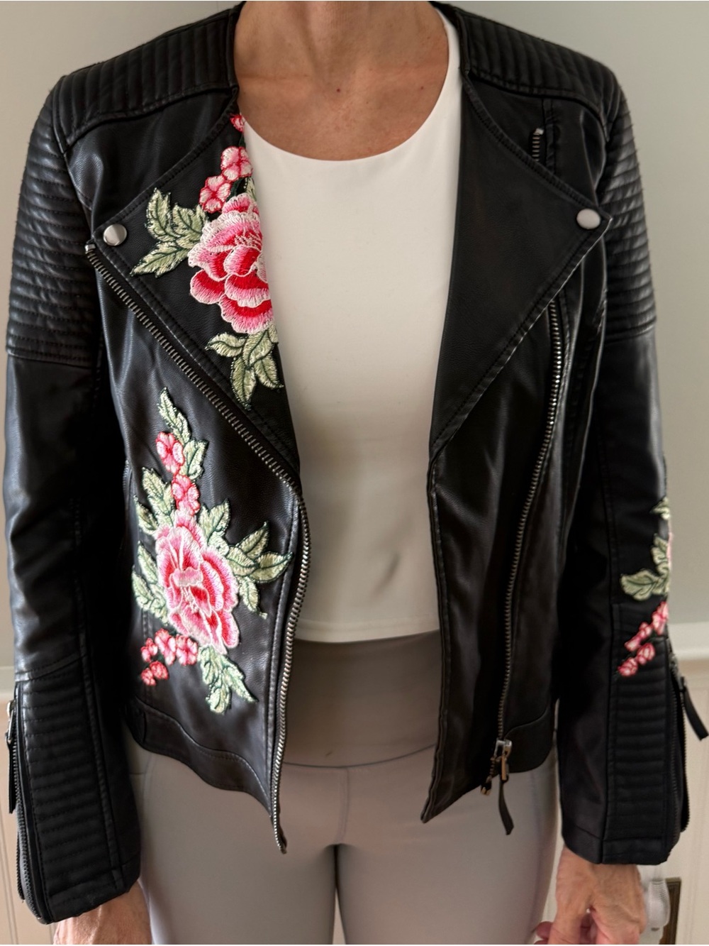 Topshop Black Faux Leather Moto Jacket with Pink Floral Embroidery